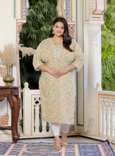 Plus Size Green Cotton  Floral Print Straight Kurta-100054